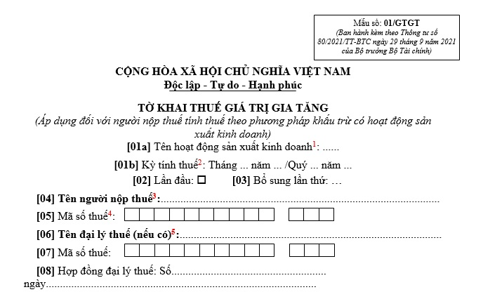 Mẫu tờ khai thuế GTGT