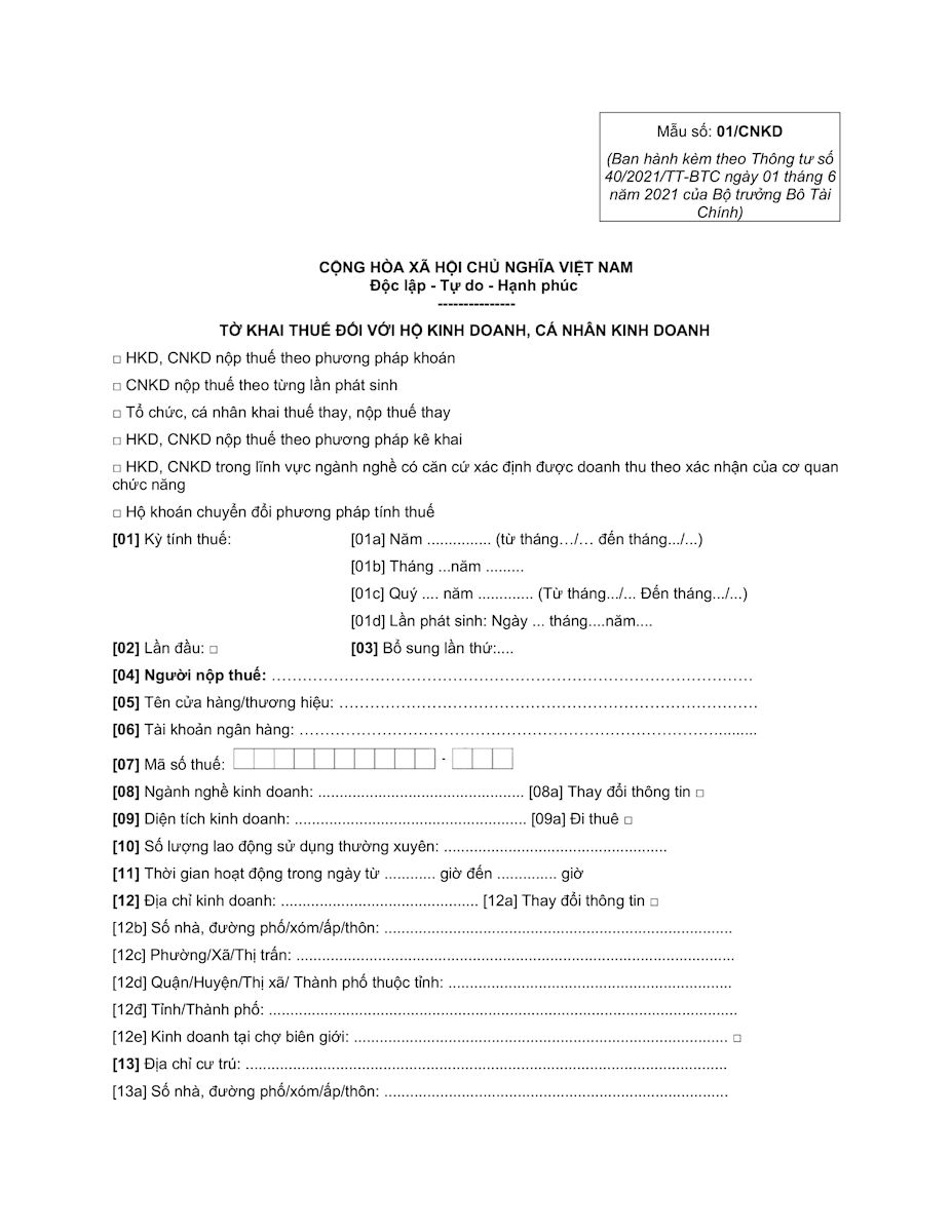 Tờ khai thuế với hộ kinh doanh