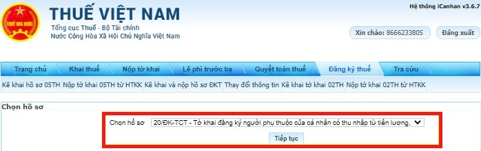 Chọn hồ sơ đăng ký thuế