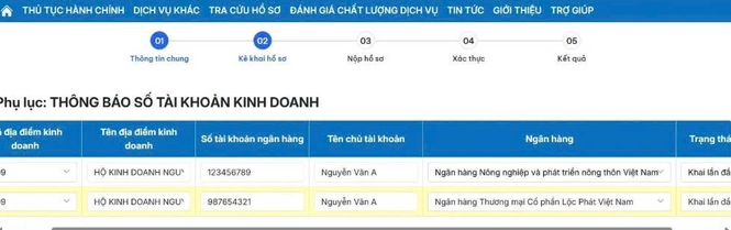 Thông báo số tài khoản kinh doanh