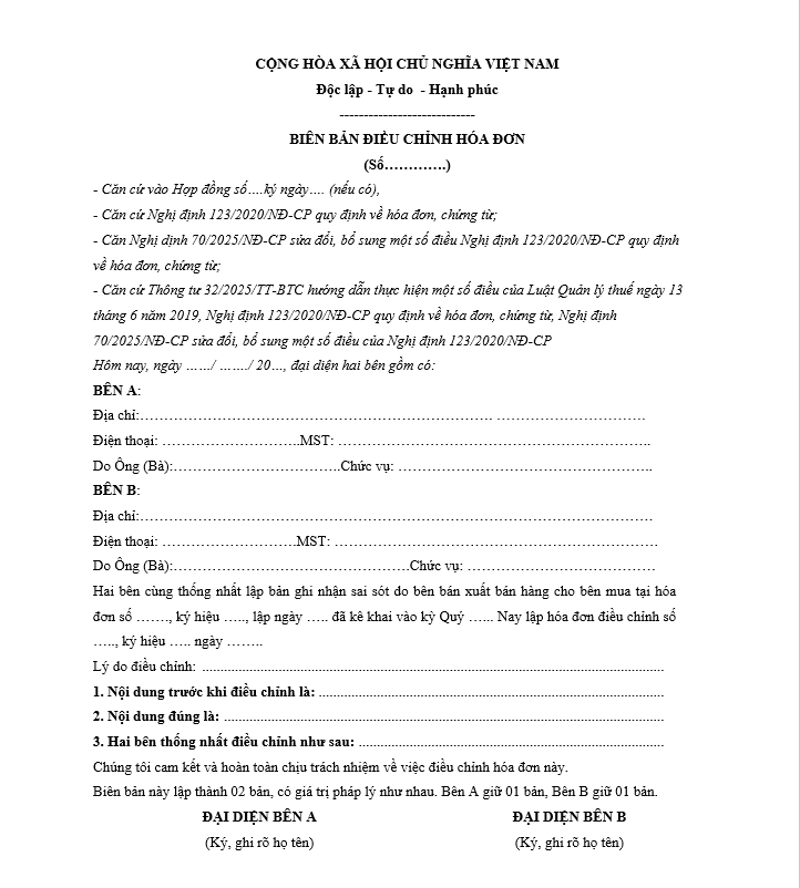 Biên bản điều chỉnh hóa đơn