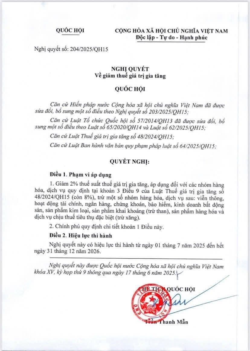 Nghị quyết về thuế GTGT