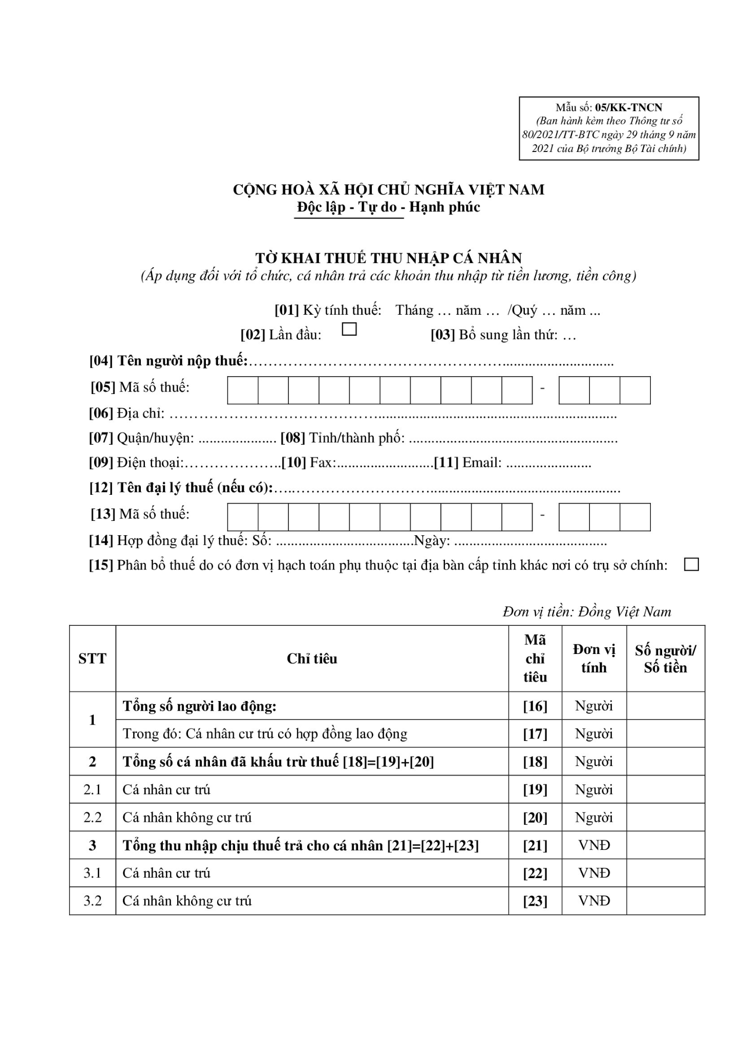 Mẫu tờ khai số 05
