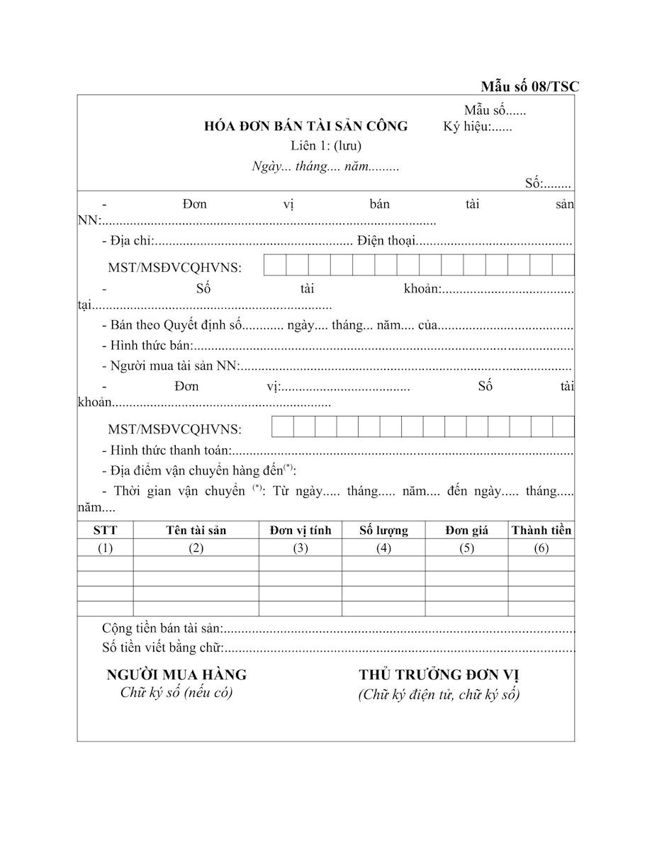 Mẫu hóa đơn bán tài sản công
