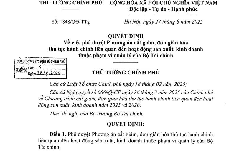 Quyết định số 1848/QĐ-TTg về thủ tục thuế