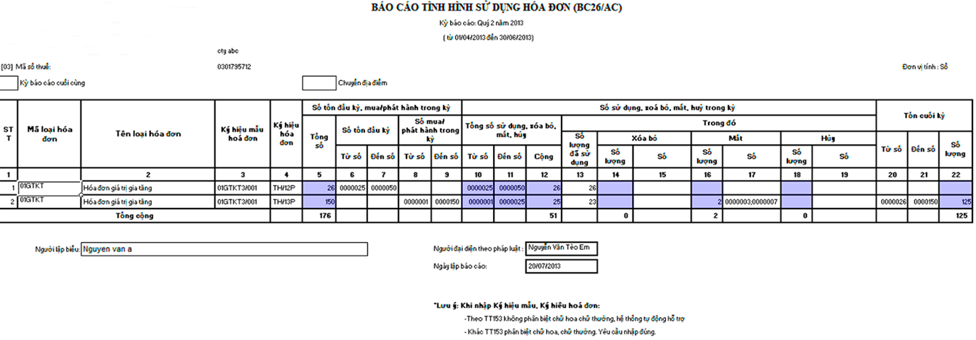 Giao diện Báo cáo tình hình sử dụng hóa đơn (BC26/AC)