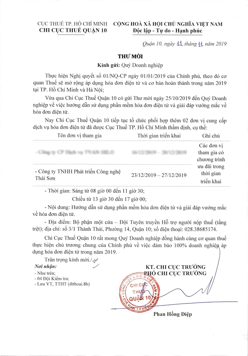 Chi Cục Thuế Quận 10 - Tp. Hồ Chí Minh] Thư Mời Tham Dự Hướng Dẫn Và Giải  Đáp Thắc Mắc Về Hóa Đơn