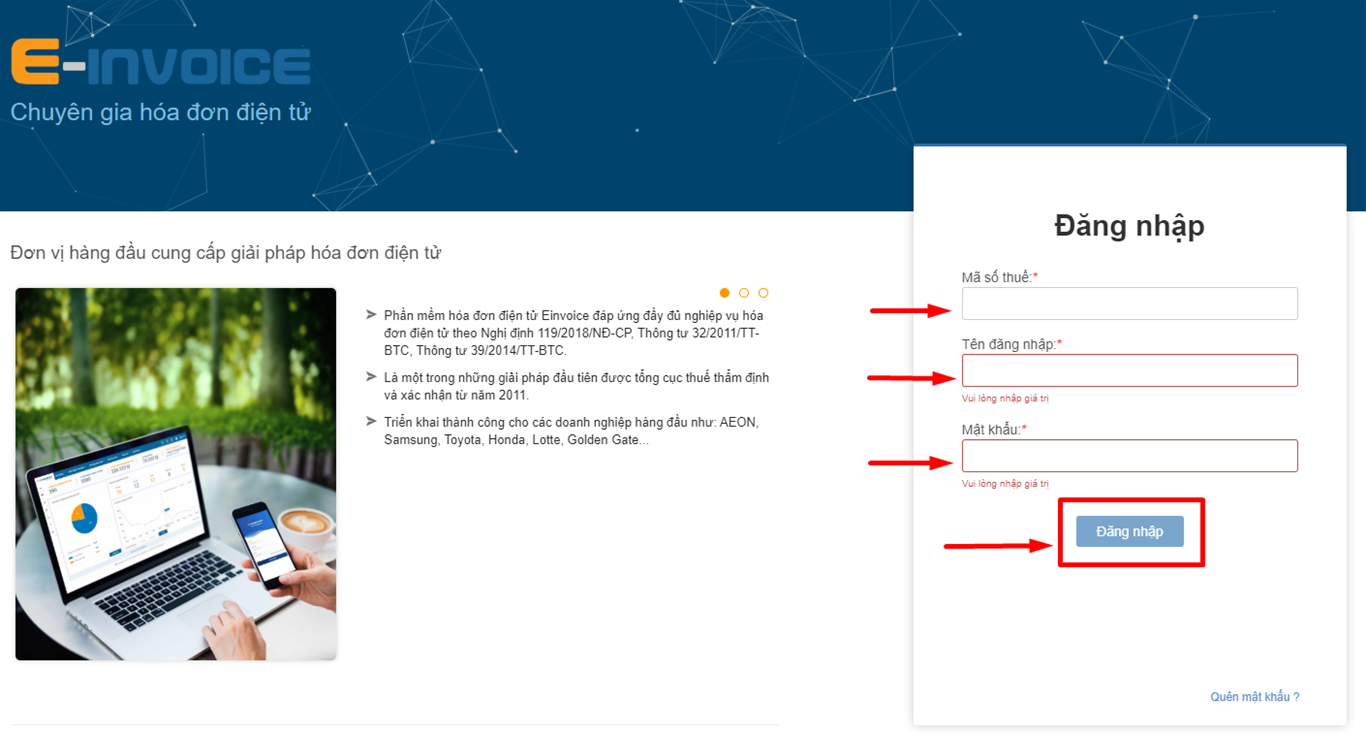 Đăng nhập hệ thống Einvoice
