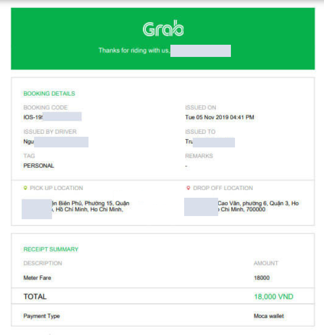 Hóa đơn Grab tải về.