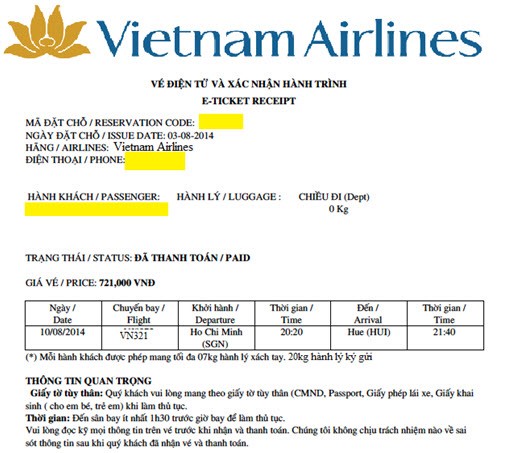 Mẫu hóa đơn Vietnam Airlines