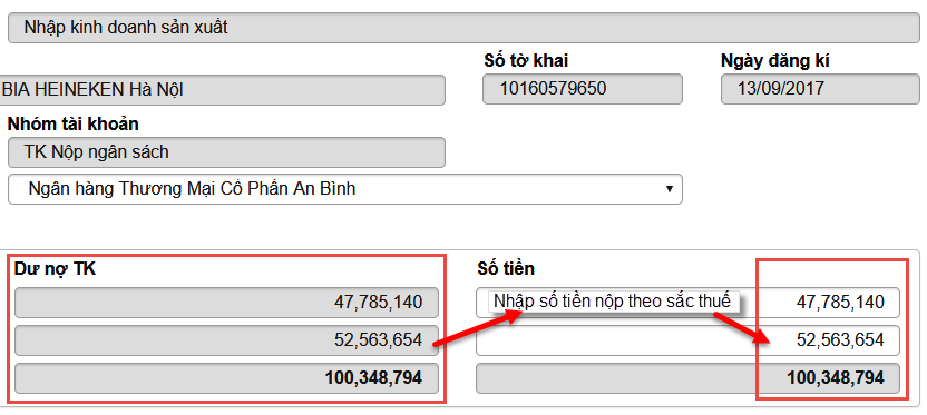 Nhập số tiền theo sắc thuế